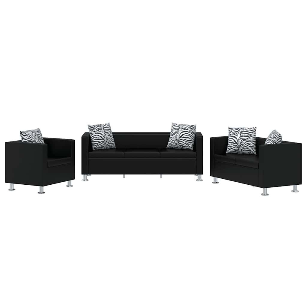 SOFA-SET Kunstleder 3-Sitzer + 2-Sitzer + Sessel Schwarz - Schwarz, Leder (170/63/62.5cm) - vidaXL
