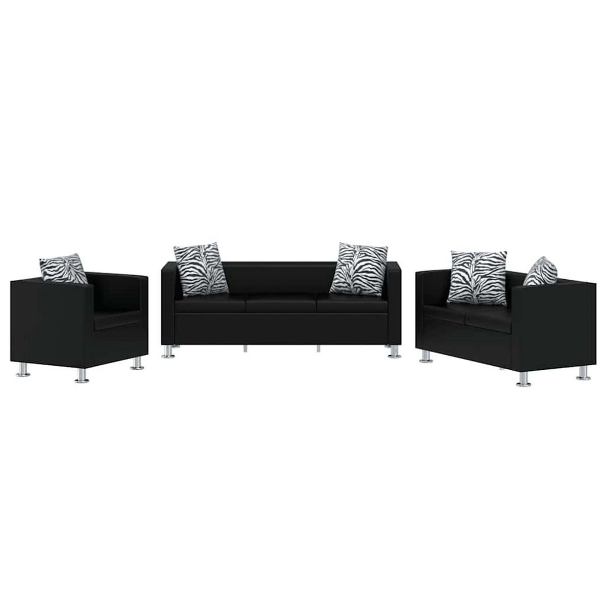SOFA-SET Kunstleder 3-Sitzer + 2-Sitzer + Sessel Schwarz - Schwarz, Leder (170/63/62.5cm) - vidaXL