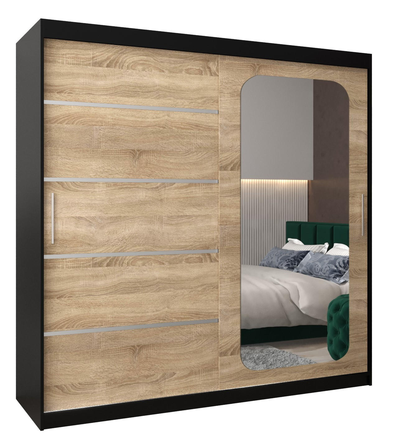 Abiks Möbel Schwebetürenschrank Schwarz, Sonoma Eiche 200x200x62 cm