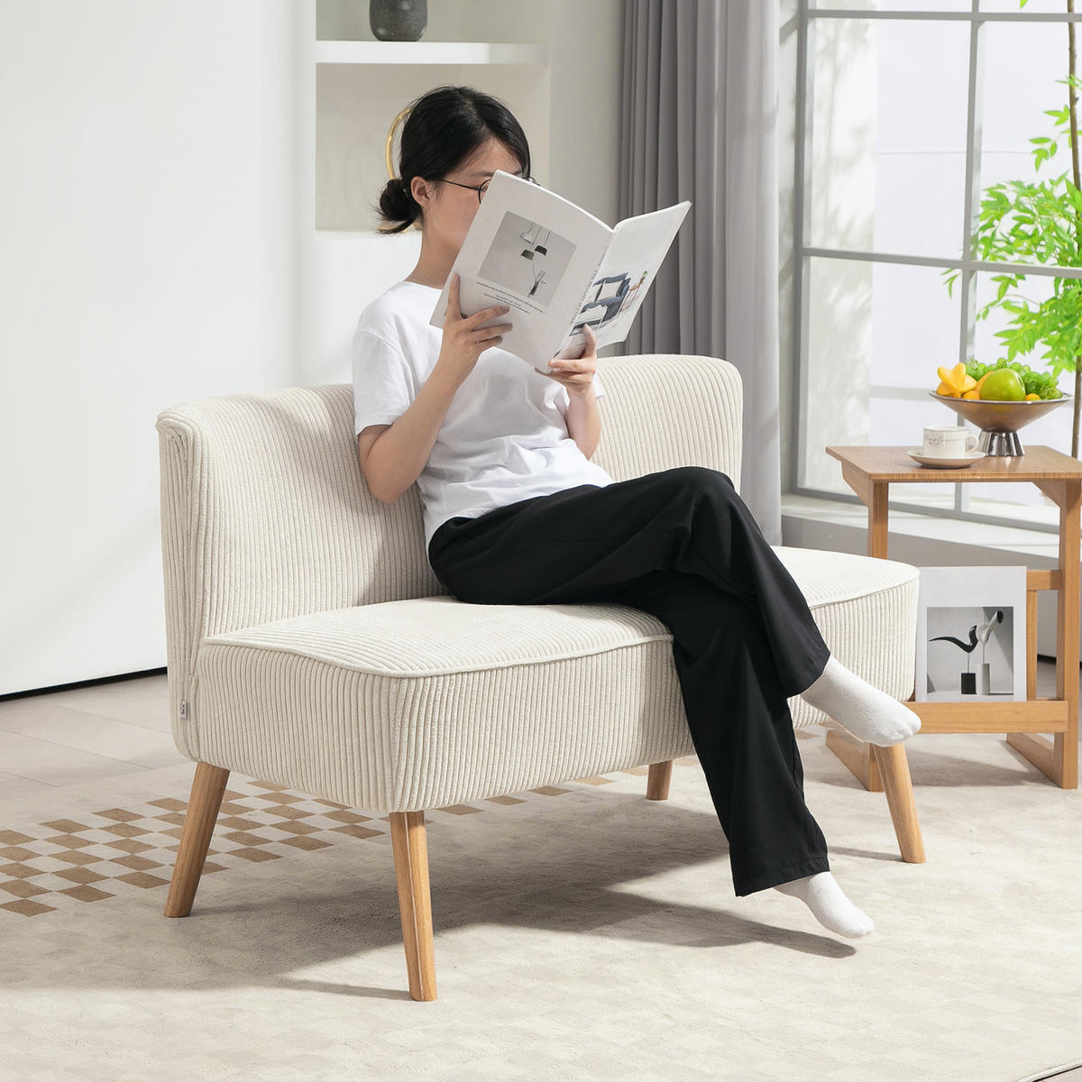 SOFA 2 Sitzer modern Couch ohne Armlehne Polstersofa mit Cord-Optik Cremeweiß - Beige, Textil (56.5/77/117cm) - HOMCOM