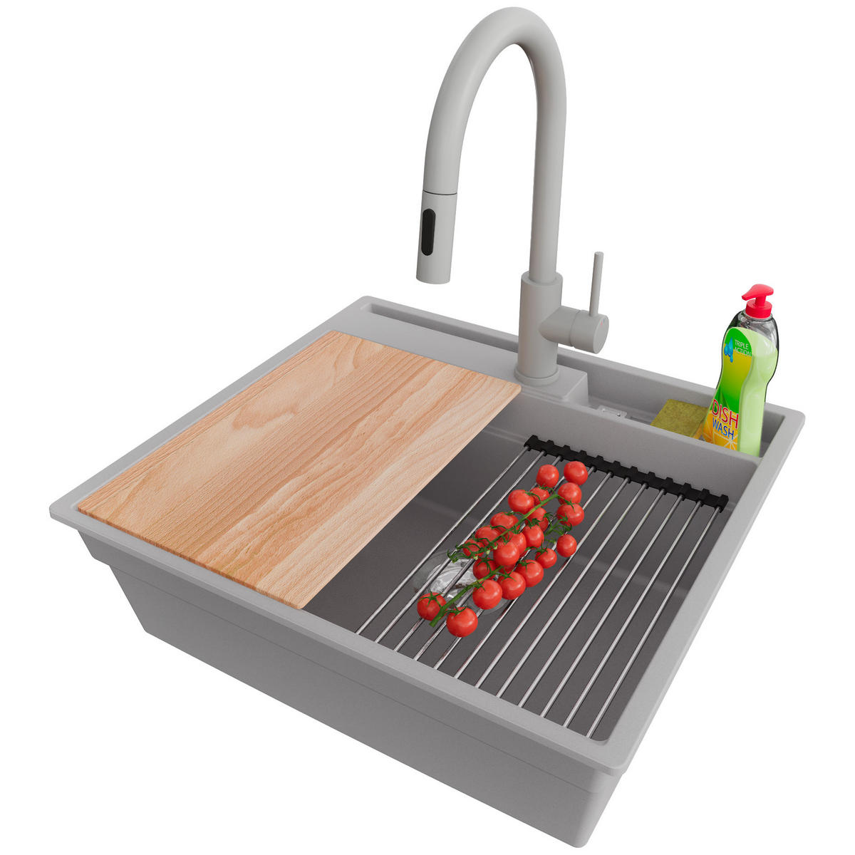 GRANITSPÜLE Oslo Pocket, 2-er set Grau 58/53 cm 1 Becken + Küchenarmatur 40/20 cm + Ablauf-Set + Küchenzubehörset ab 60er Unterschrank - Chromfarben/Beige, Kunststoff (58/20/53cm) - Primagran