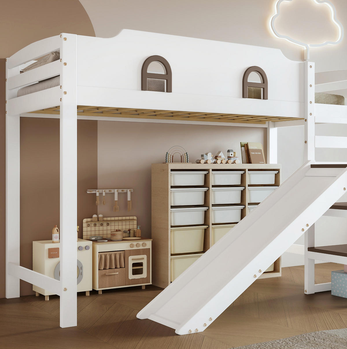 ETAGENBETT 90/200 cm mit Rutsche und Stauraumtreppe, Weiß - Weiß, Holzwerkstoff (90/200cm) - Flora Grace