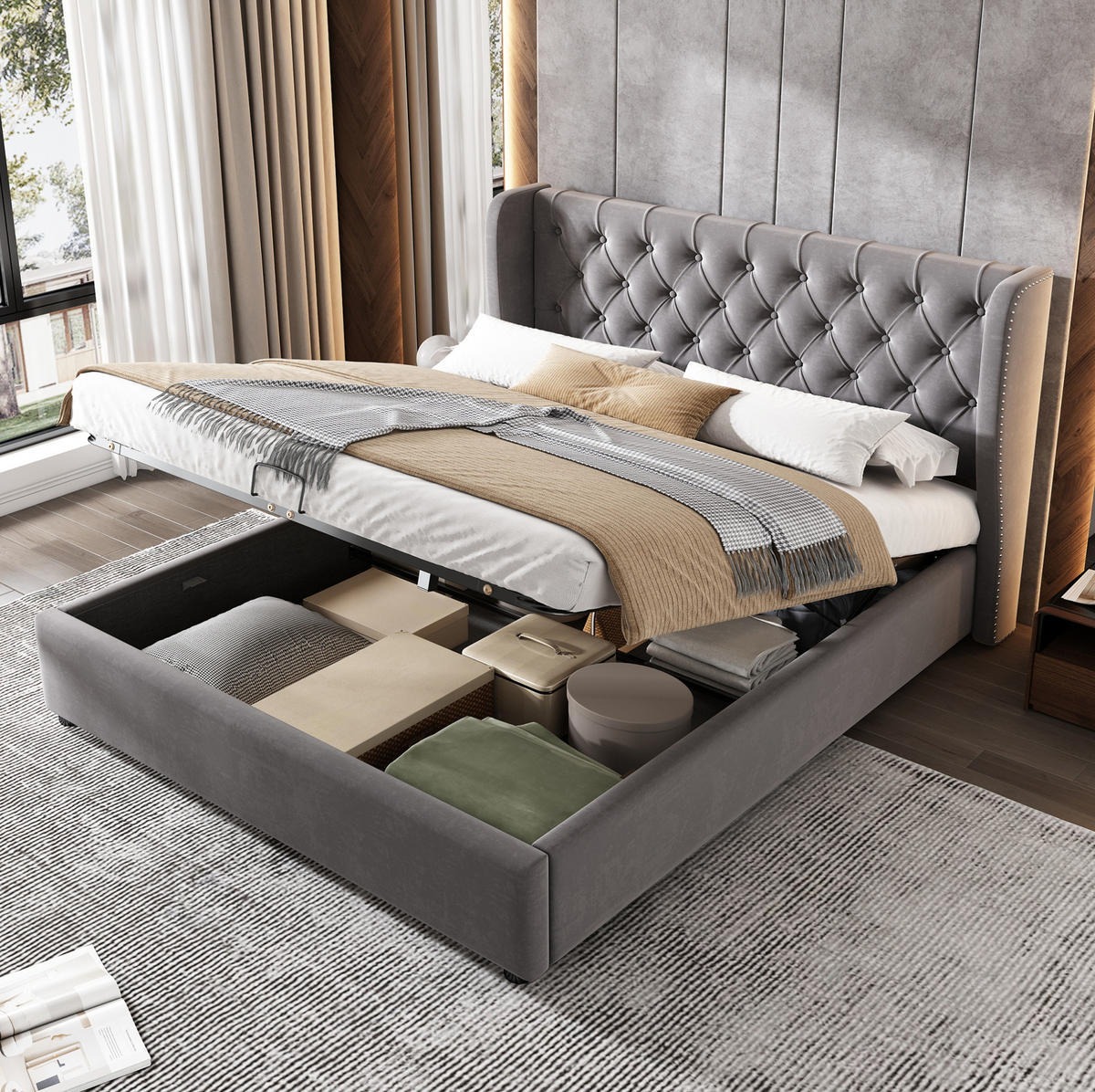 ČALÚNENÁ posteľ z zamatu 140x190 cm sivá s hydraulickým úložným priestorom a lamelovým roštom - sivá, textil (140/190cm) - Modfu