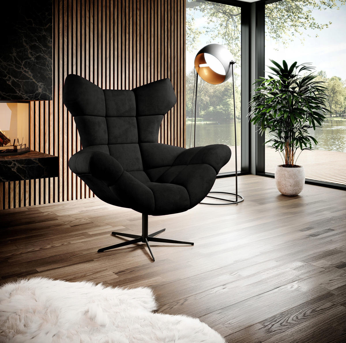 SESSEL SENSI Relaxstuhl mit 360° Drehung und Schwingfunktion – Lux-Schaumkissen, Schwarz, 104x46x119 cm - Schwarz, Holz/Textil (104/119/84cm) - DomoHome