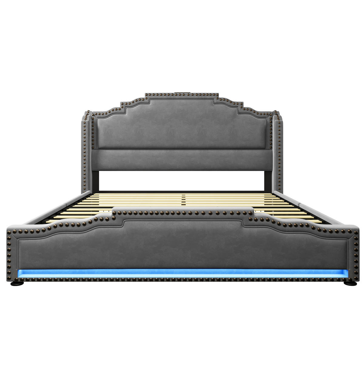 POLSTERBETT 160/200 cm grau aus Samt mit LED, USB-C und 4 Schubladen - Grau, Textil (160/200cm) - OKWISH