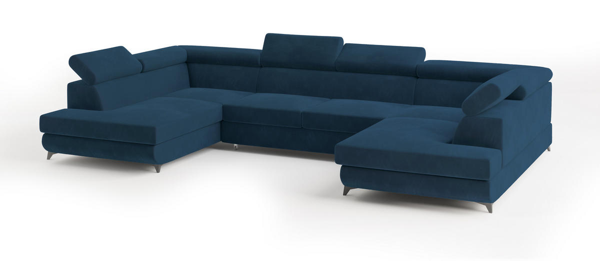 WOHNLANDSCHAFT VINTESSA Blau Velours-Stoff mit Schlaffunktion - Blau, Holz (323/89/190cm) - MASSENO