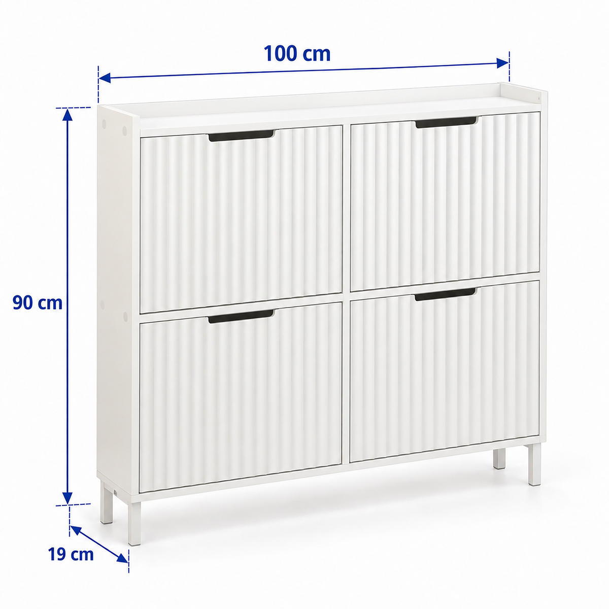 SCHUHKIPPER Weiß geriffelt 4 Fächer 90x100x19 cm - Weiß, Holzwerkstoff/Metall (100/90/19cm) - Relaxdays