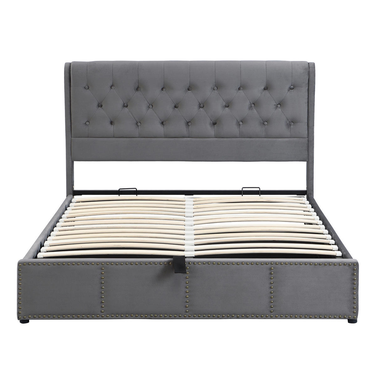 POLSTERBETT 140/190 cm mit Bettkasten und Nietenverzierung aus Samt, Grau - Grau, Textil (140/190cm) - Redom