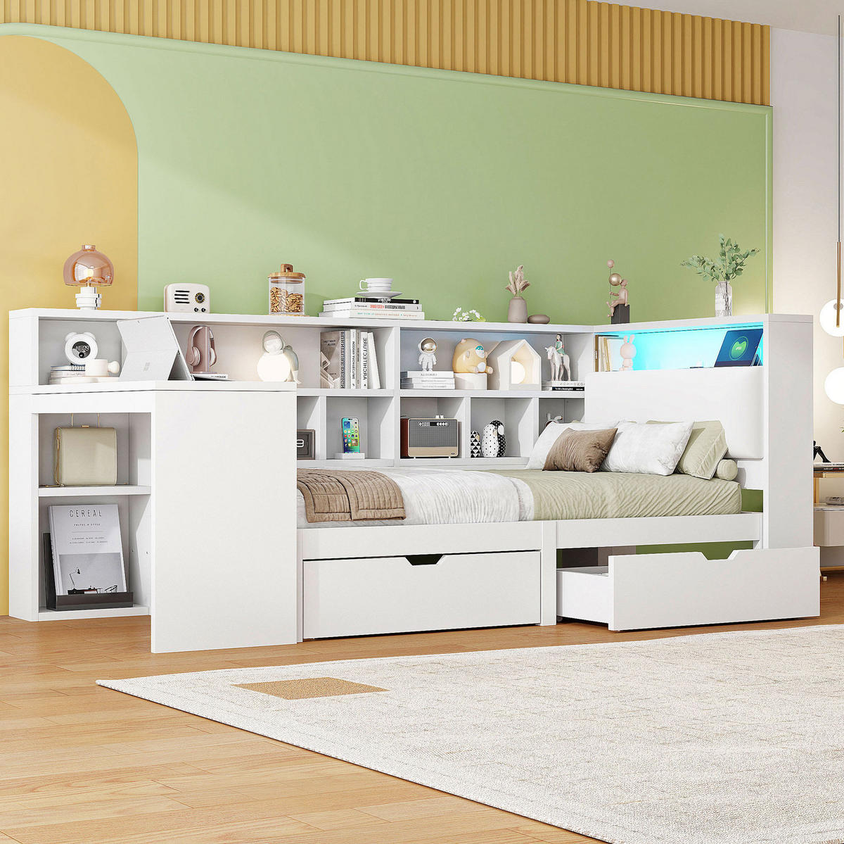 BETT 90/200 cm in Weiß mit Schreibtisch, Regal und LED-Beleuchtung - Weiß, Holzwerkstoff (90/200cm) - Flora Grace