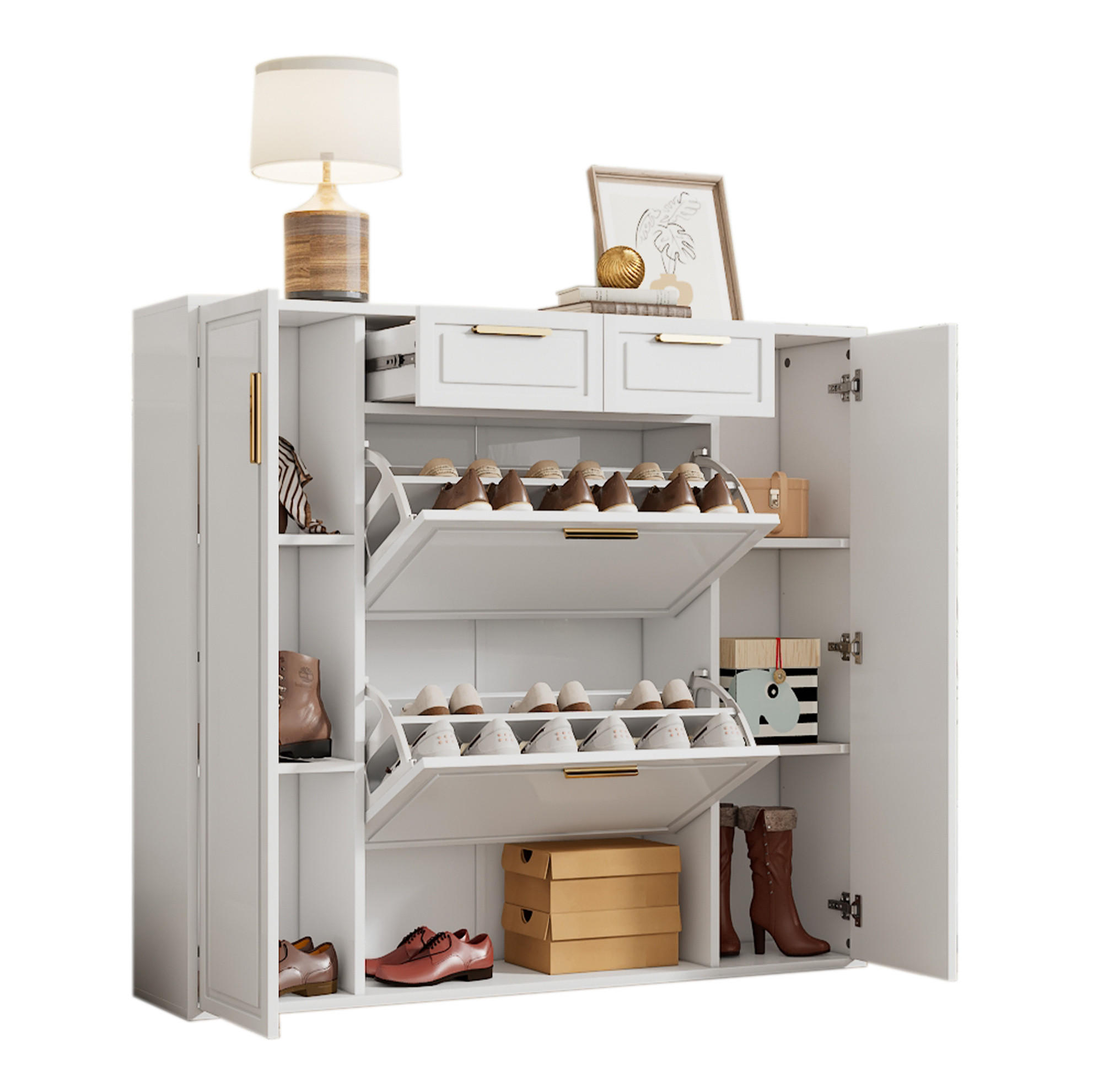 SCHUHSCHRANK 120/24/107 cm mit 2 Schubladen, 2 Türen und verstellbaren Böden - Weiß, Holzwerkstoff (120/107/24cm) - BEAOK