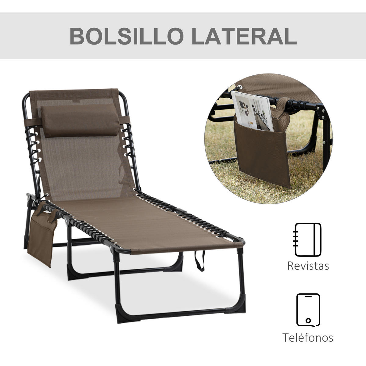 SONNENLIEGE Klappbare Sonnenliege mit verstellbarer Rückenlehne gepolsterter Kopfstütze 189 x 58 x 30 cm ,Braun - Braun, Metall (58/30/189cm) - Vallsero