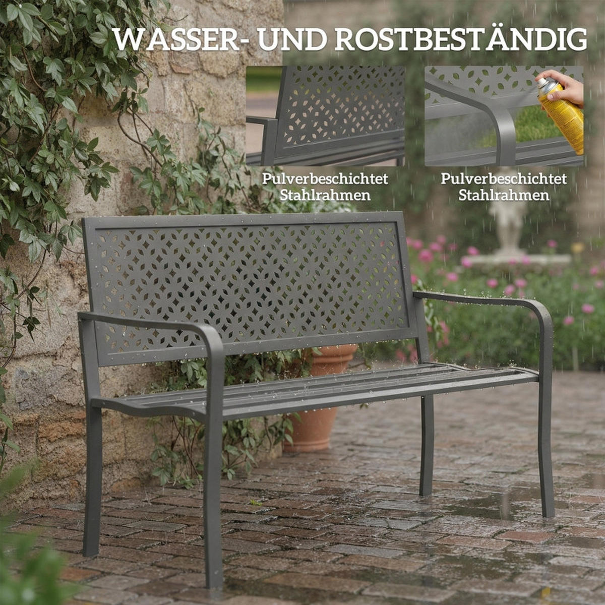 GARTENBANK 2 Sitzer Metall wetterfest 240 kg - Dunkelgrau, Metall (127/85/61cm) - LEBENLANG