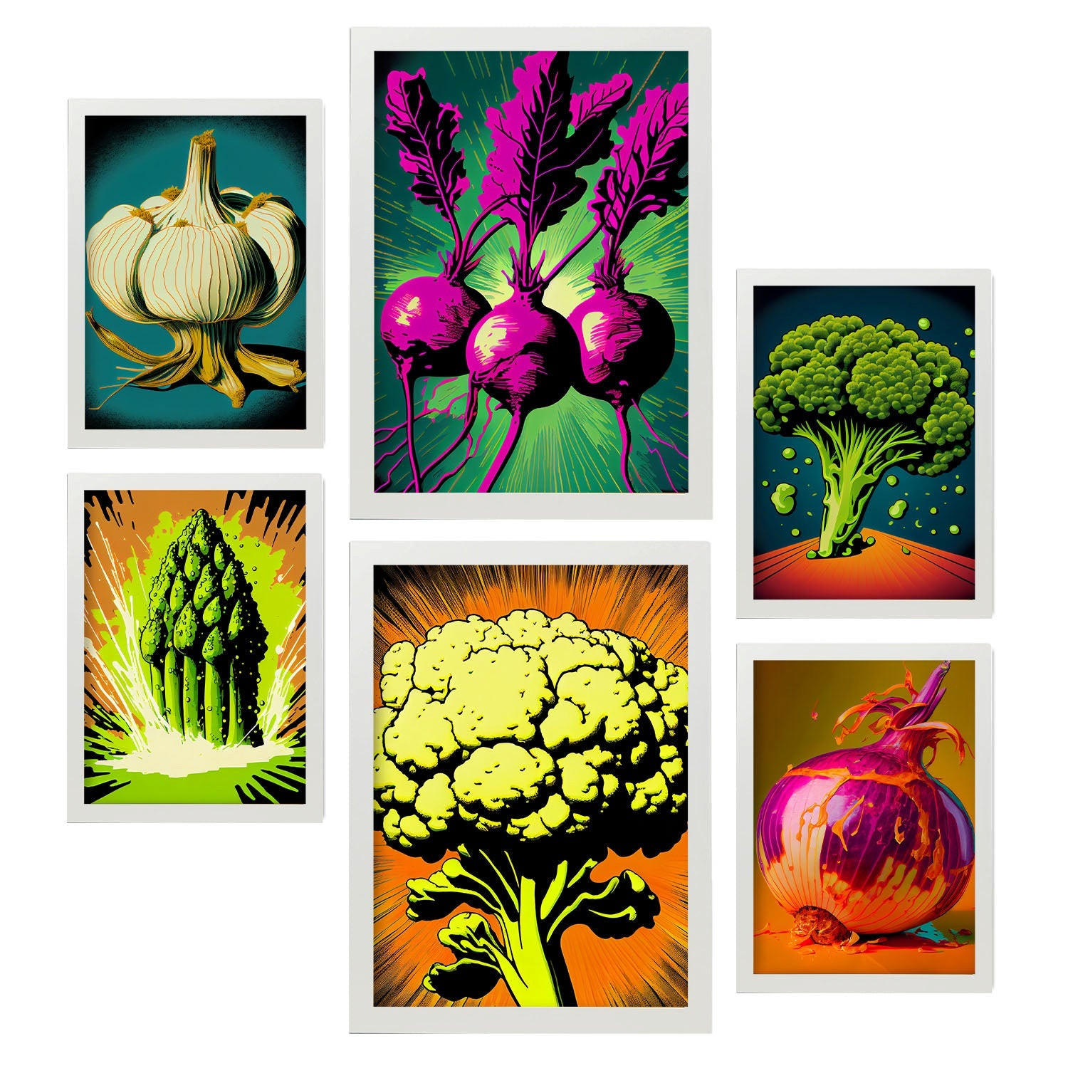 POSTER Set Mit 6 Kraftvolles Gemüse Vollfarbige Plakate Von Obst, Gemüse Und Gesunden Lebensmitteln Im Urban Art Stil A3 & A4 Weißer Rahmen - Weiß, Papier (29/3cm) - Nacnic