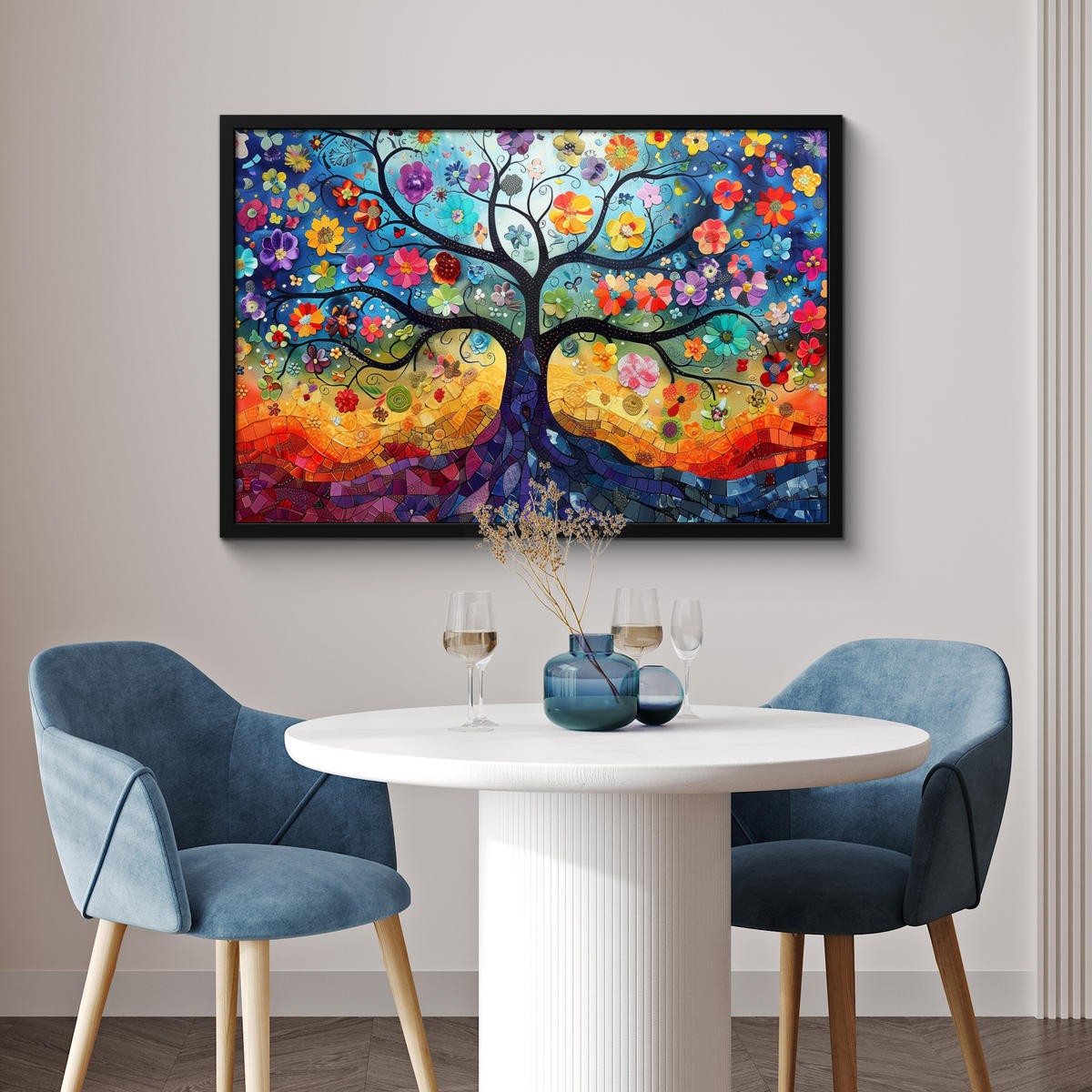 POSTER MIT RAHMEN Kunst - Baum des Lebens - Blumen - Hippie 90x60 cm - Dunkelblau, Papier (90/60cm) - MuchoWow