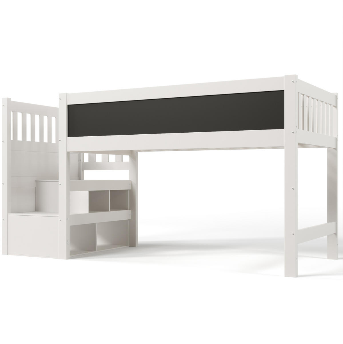 KINDEREINZELBETTEN aus Massivholz und MDF 90x200 cm in Weiß mit Treppe, Stauraum & Tafel - Weiß, Holzwerkstoff (90/200cm) - Modfu