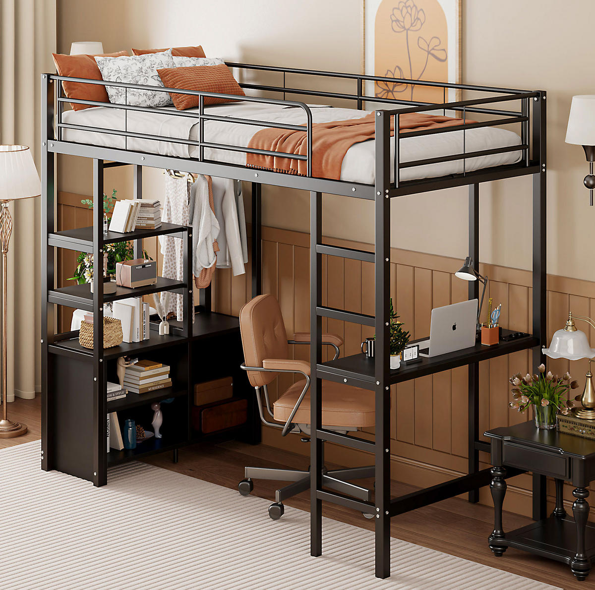 HOCHBETT 90/200 cm, Schwarz mit Schreibtisch, Steckdose und USB - Schwarz, Metall (90/200cm) - MIVRAY