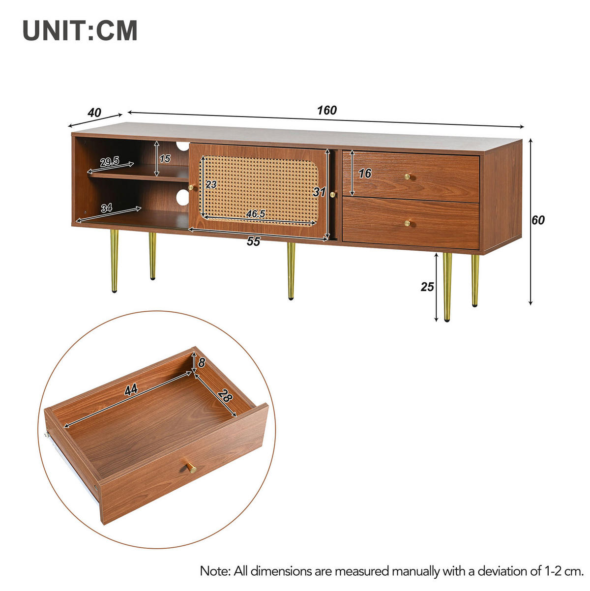 TV-SCHRANK in Walnuss mit Schiebetüren in Rattan-Optik 160/40/60 cm - Walnussfarben, Holzwerkstoff (160/60/40cm) - Redom