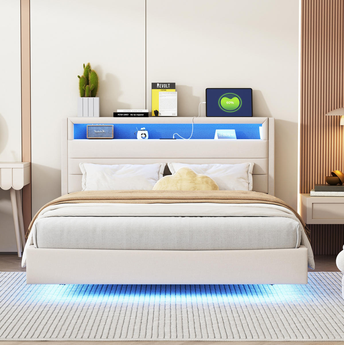 ČALÚNENÁ posteľ 140/200 cm z ľanovej tkaniny s USB portom a RGB LED osvetlením, otočným čelom a skrytými nohami, Béžová - béžová, textil (140/200cm) - Redom