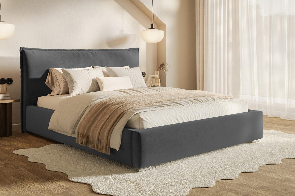 POLSTERBETT 200x200 Zenito mit Kissen-Kopfteil, Bettkasten, Dunkelgrau - Dunkelgrau, Holz/Textil (200/200cm) - Emporius