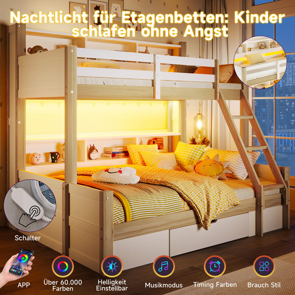 ETAGENBETT 90/200 cm Weiß + Natur mit 1 Schublade, LED-Lichtleiste und Ablagefächern - Naturfarben, Holz (90/200cm) - Oxeza