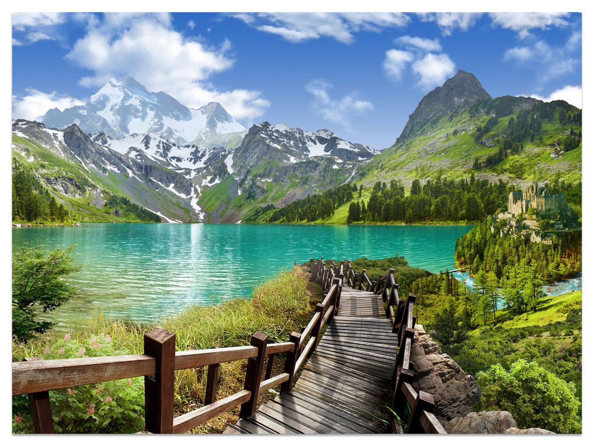 FOTOTAPETA Pre Obývaciu Izbu Drevené Mólo Horské Jazero Rastliny Pokoj 500 x 350 cm - hnedá/modrá, papier (500/350cm) - Muralo