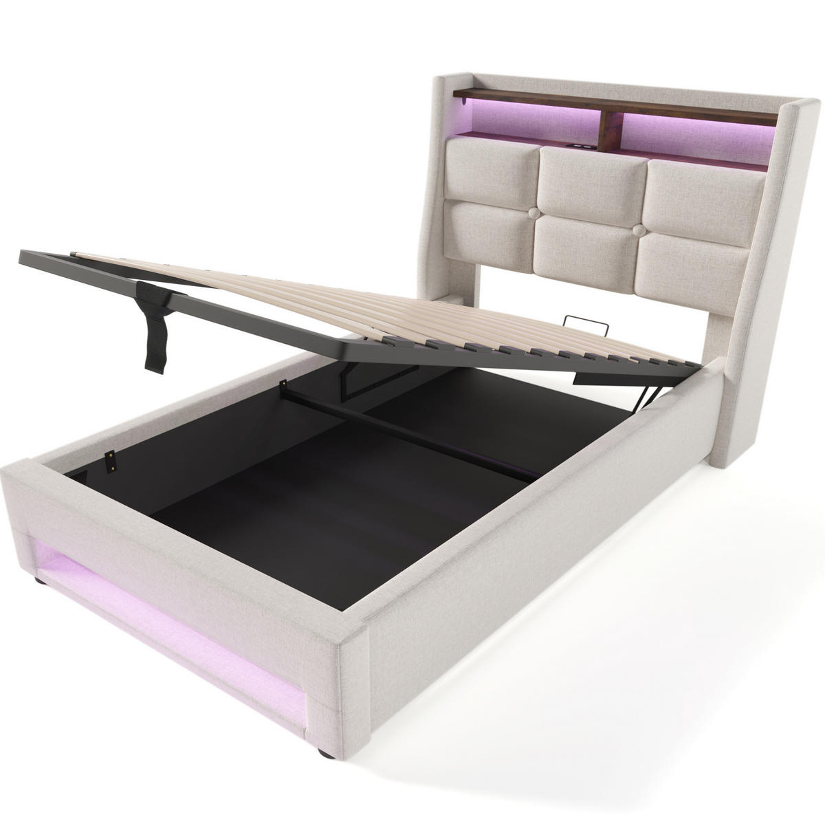 POLSTERBETT 90/200 cm Hellbeige aus Leinenmaterial mit LED und USB - Beige, Textil (90/200cm) - OKMYHOME
