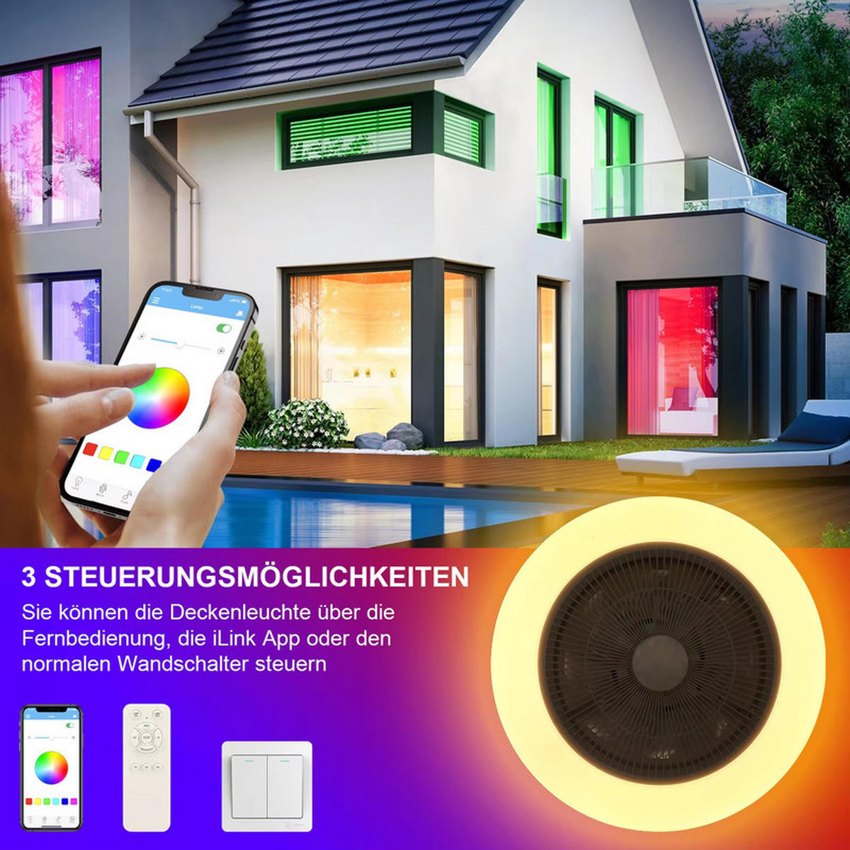 LED-DECKENVENTILATORLAMPE 50/12 cm - Schwarz, Kunststoff (50/50/12cm) - Coonoor