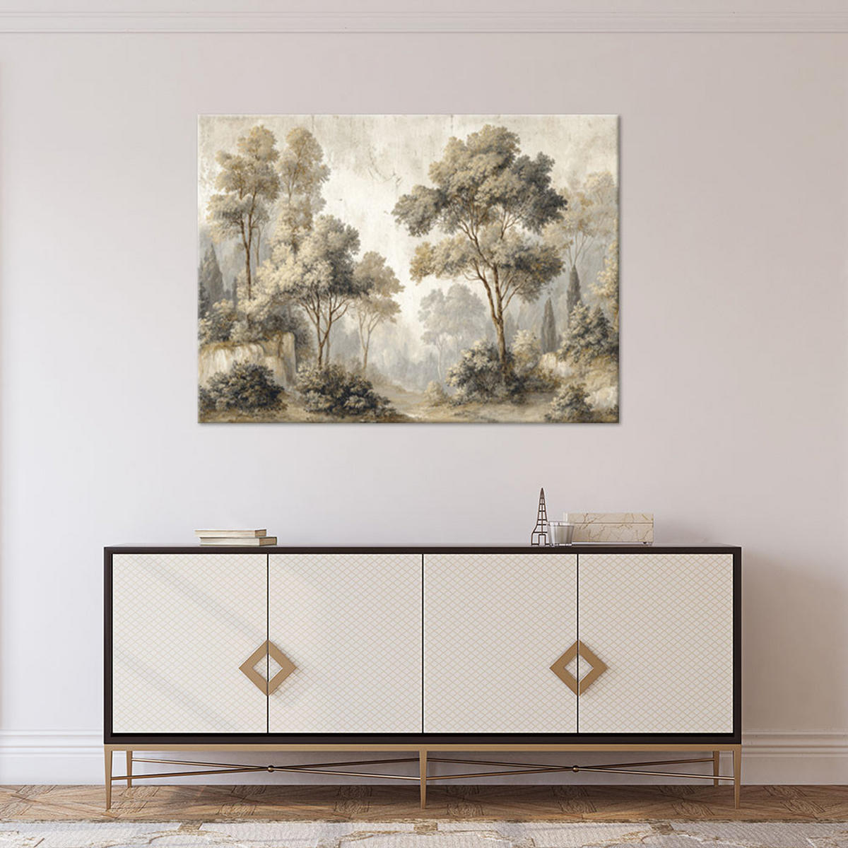 WANDBILD, Eine malerische Waldlandschaft in klassischer Umgebung - Grau, Textil (90/60cm) - Feeby