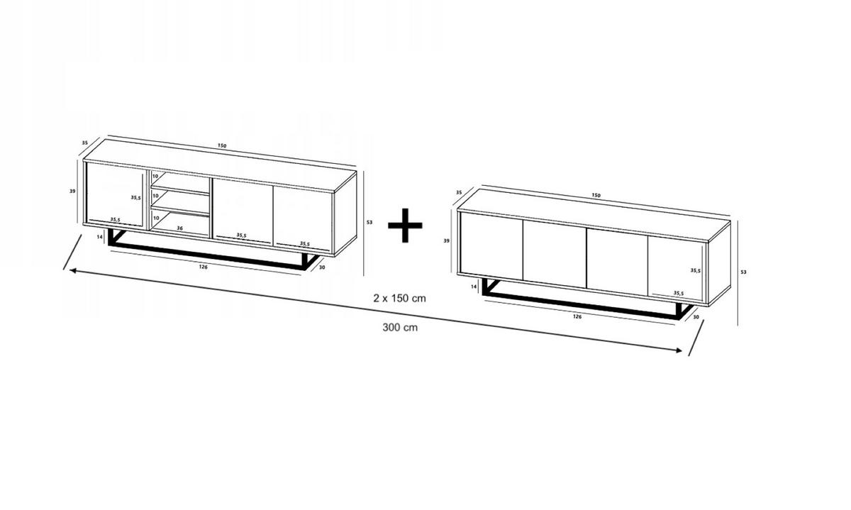 TV-SCHRANK 2-er Set Apollo Eiche wotan Schwarz Matt 150 cm - Schwarz, Holzwerkstoff/Metall (300/53/35cm) - Meble Lindner