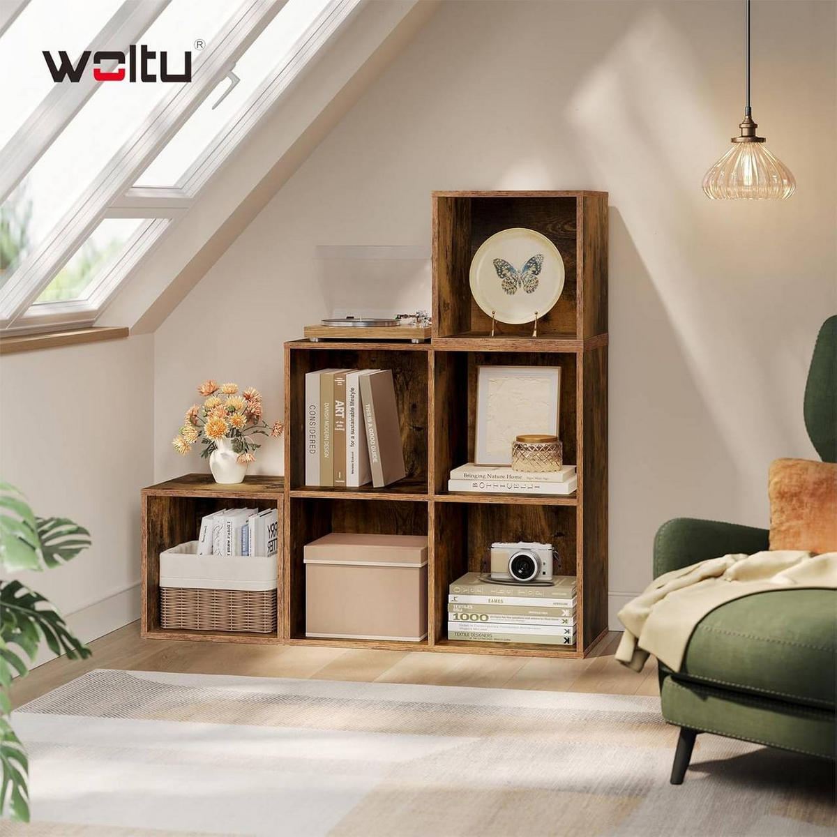 REGAL Bücherregal mit 6 Fächern, Stufenregal, 90x90x30 cm, Vintagebraun - Dunkelbraun, Holzwerkstoff (90/90/30cm) - Woltu