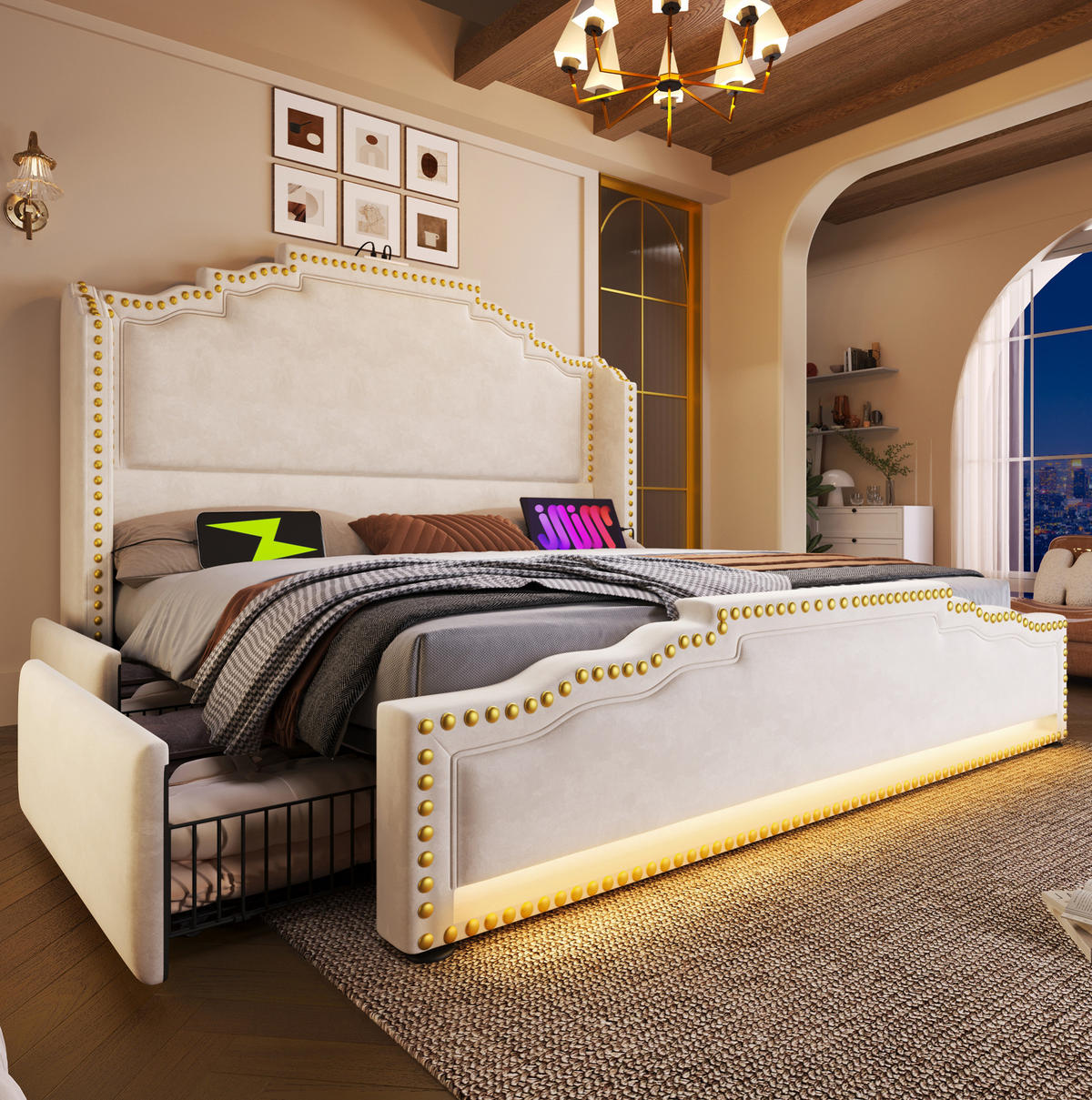 BETT mit 4 Schubladen 180x200 cm Samt Beige mit LED und USB-C - Beige, Metall (180/200cm) - Meubliv