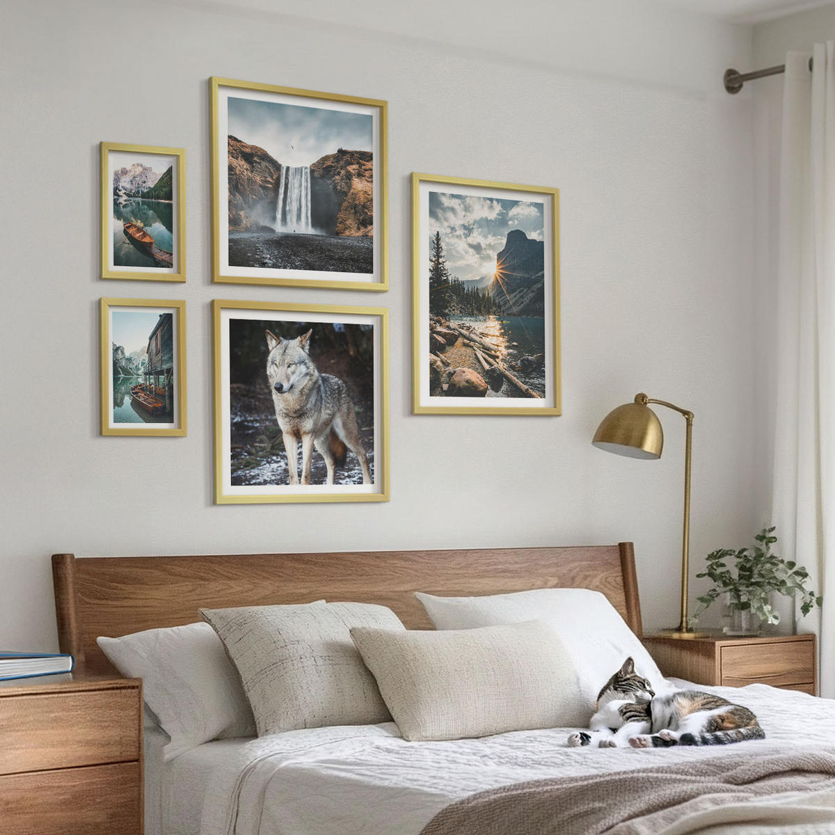 WANDBILDER 5er Set - 50x50 cm & 20x30 cm & 40x60 cm Goldrahmen - Berge, Seen, Wasserfall, Wolf - Goldfarben, Kunststoff (40/60cm) - ArtPrintCave