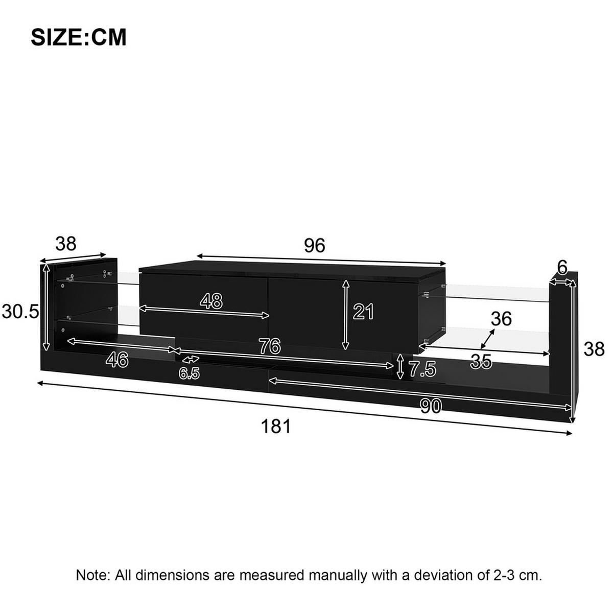 TV-SCHRANK 181cm LED Schwarz Glas 70-79 Zoll 2 Schubladen - Schwarz, Holz (45.72/15.88/101.6cm) - FLIEKS