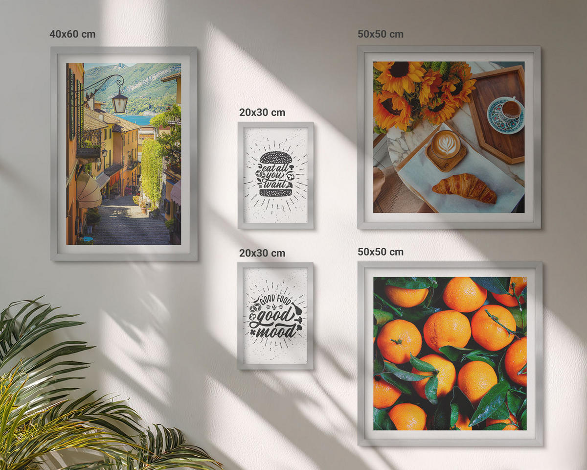 WANDBILDER 5er Set - 50x50 cm & 20x30 cm & 40x60 cm Silberner Rahmen - Juicy Oranges Kitchen - Silberfarben, Kunststoff (40/60cm) - ArtPrintCave