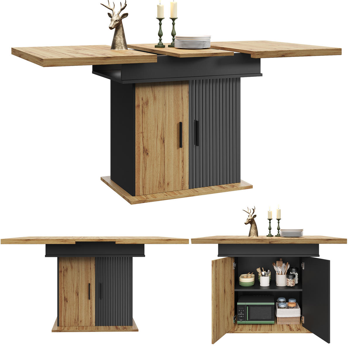 ESSTISCH 110-140x80x75 cm in Natur und Schwarz aus MDF mit Stauraum ausziehbar - Naturfarben, Holzwerkstoff (140/80/75cm) - Modfu