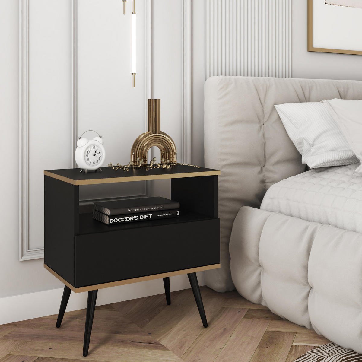 NACHTTISCH FORNO (Schwarz, Goldene Details, 1 Schublade, offenes Fach, schwarze Metallfüße) - Schwarz, Holz/Holzwerkstoff (54/59/39cm) - Ravio