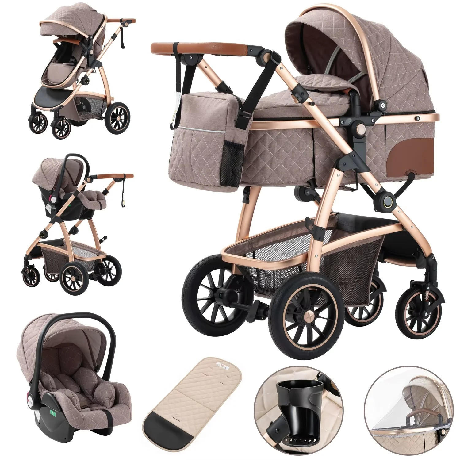 KINDERWAGENSET mit hoher Landschaft, verstellbarer Griff, Moskitonetz, Kinderwagen, Aluminiumrahmen, SK20-KHAKI - Hellbraun, Metall (80/60cm) - Kaket