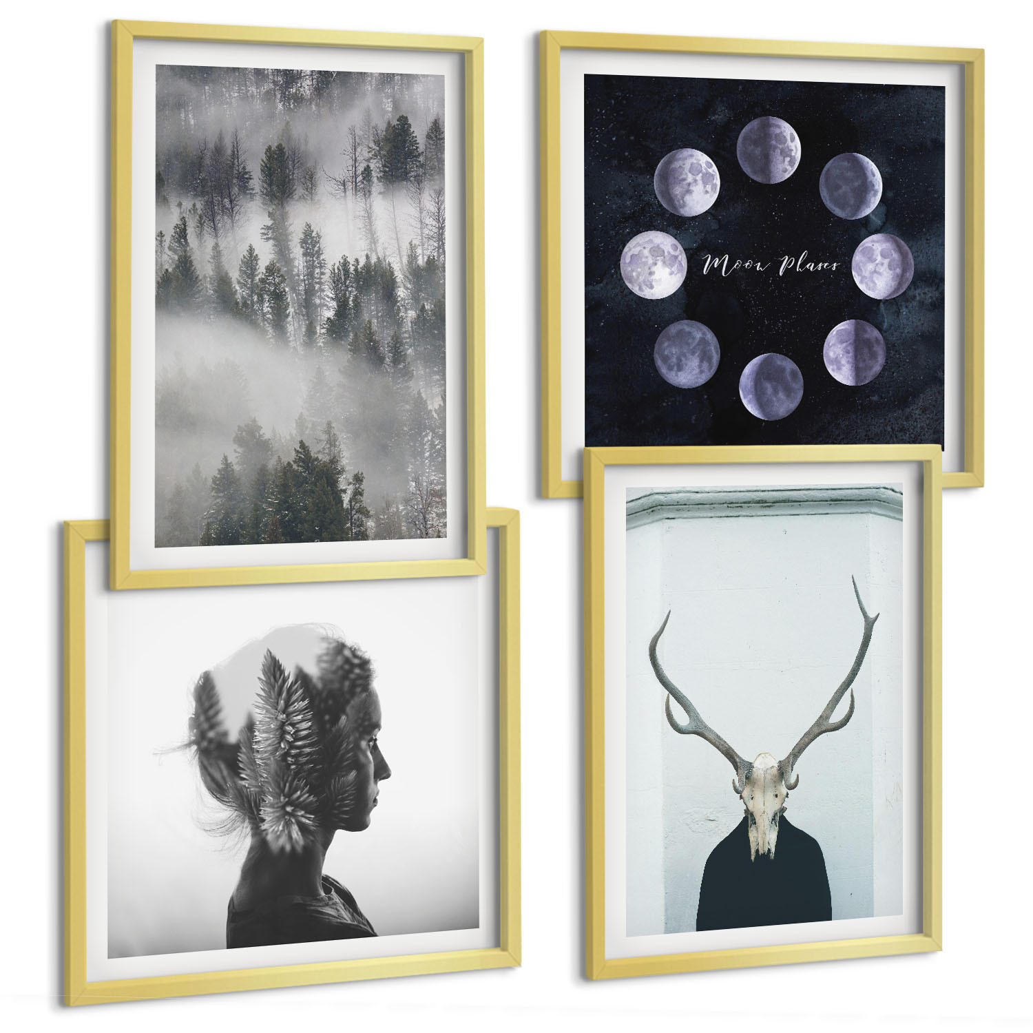 BILDER SET 4er Set - 50x50 cm & 40x60 cm Goldrahmen - Waldnebel, Mond, Schädel, Frau - Goldfarben, Kunststoff (50/50cm) - TULUP