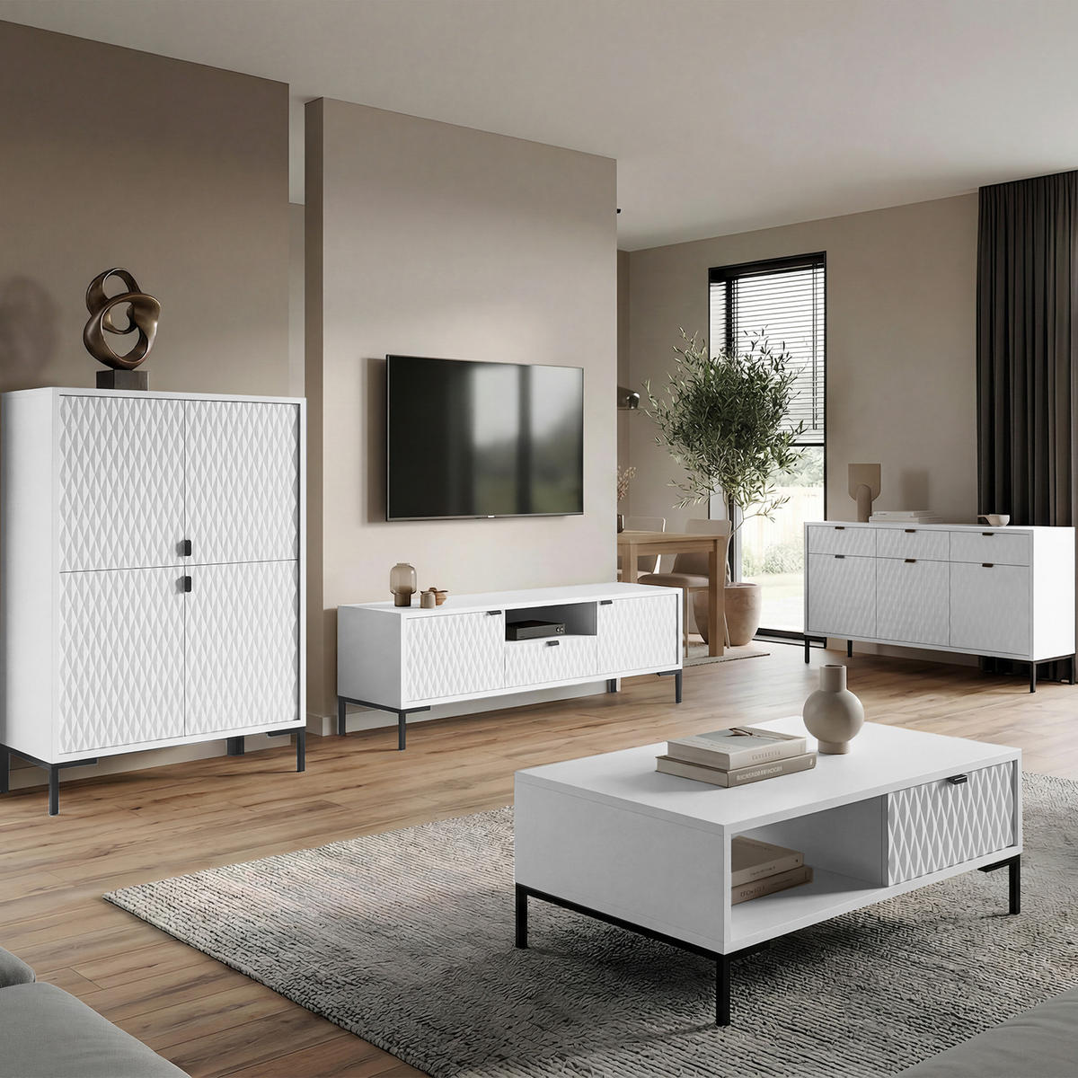 LOWBOARD Montreal mit 2 Türen, 1 Schublade und offenem Fach, dekorative 3D-Fronten, Weiß - Schwarz/Weiß, Holzwerkstoff/Metall (150/47/40cm) - Beautysofa
