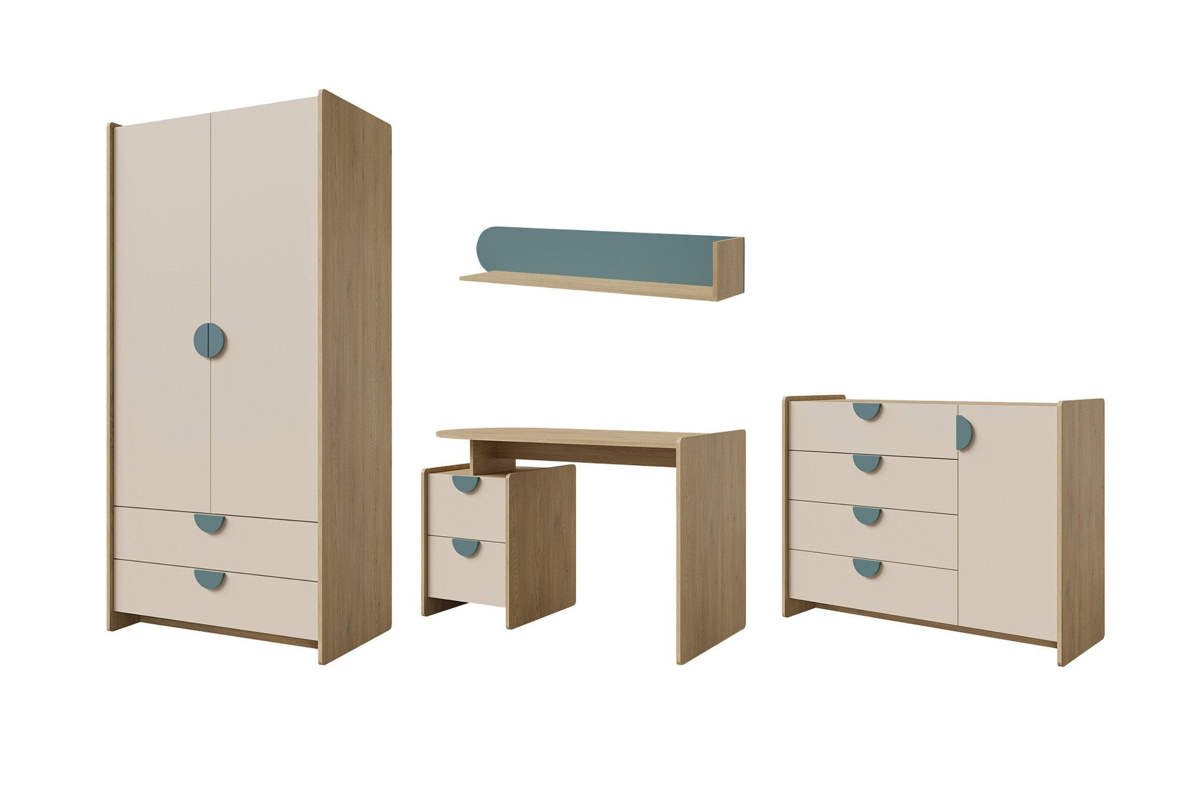 JUGENDZIMMER LEXO A 4-teilig in Eiche Cremona/Macadamia/Meeresblau - Blau/Eichefarben, Holzwerkstoff (326/198/60cm) - Deine Möbel 24