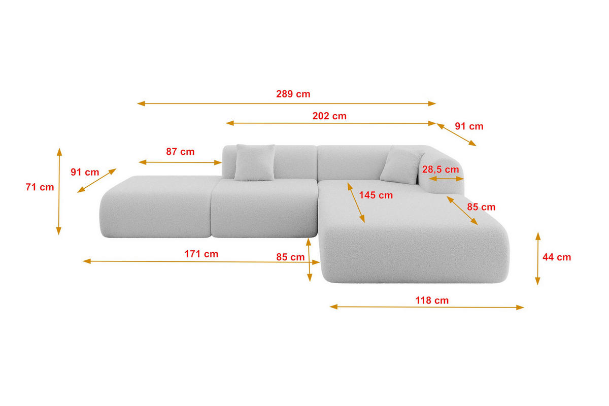 ECKSOFA Ottomane Rechts OVLY-L 289x176x71 Hellgrau Bouclé - Silberfarben/Hellgrau, Holzwerkstoff/Kunststoff (289/176cm) - ALTDECOR