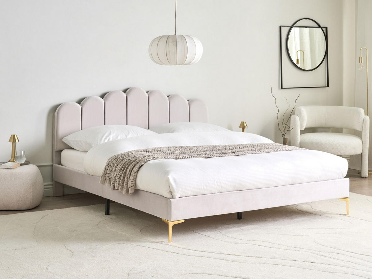 BETT mit Lattenrost 160/200 cm Samtstoff Cremeweiß Sauvian - Creme, Textil (160/200cm) - Beliani