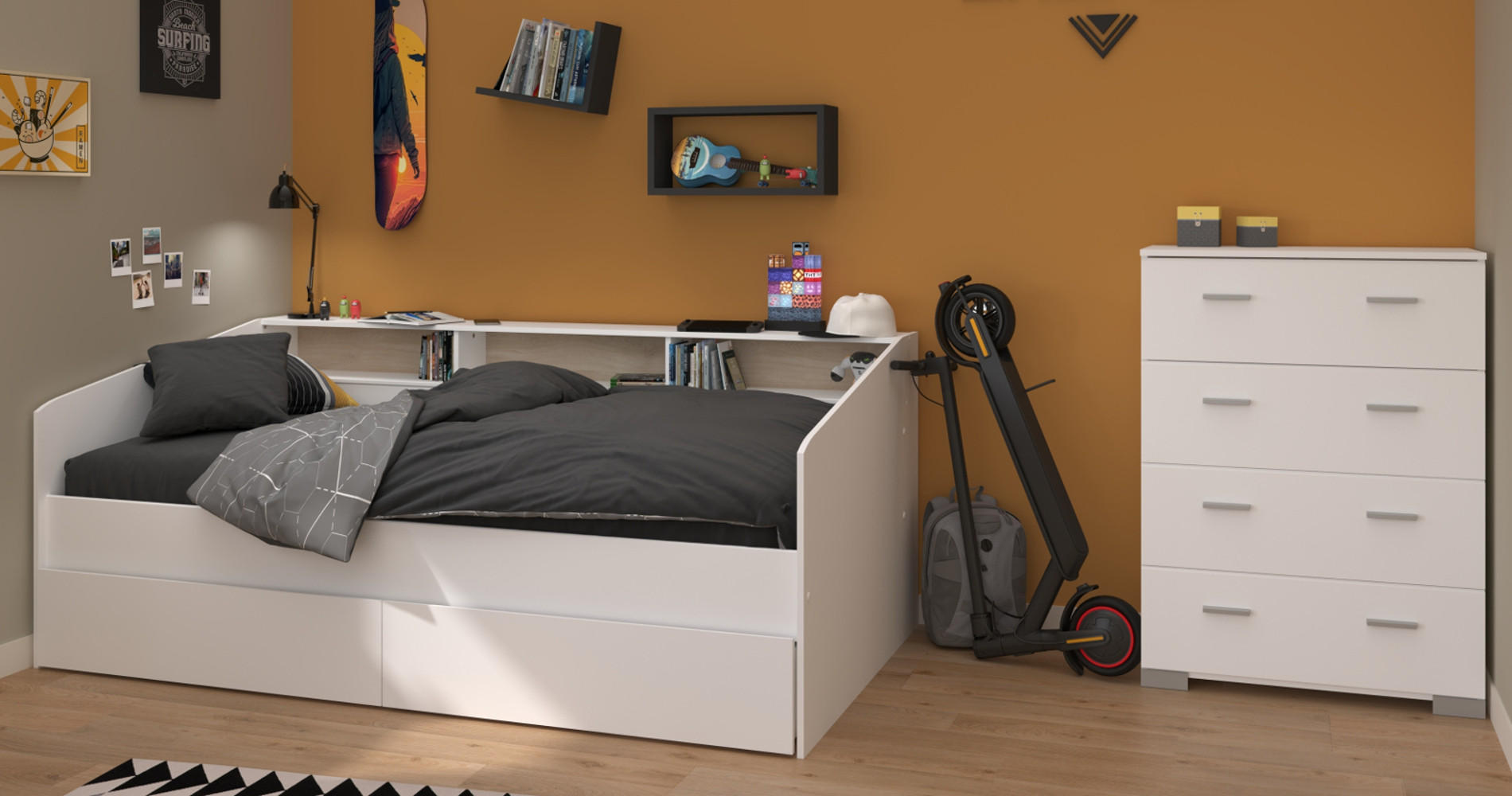 KINDERZIMMER Set 2-tlg. mit Stauraumbett 90x200 cm und Kommode - Silberfarben/Weiß, Holz/Holzwerkstoff (206/82/113cm) - Parisot Meuble