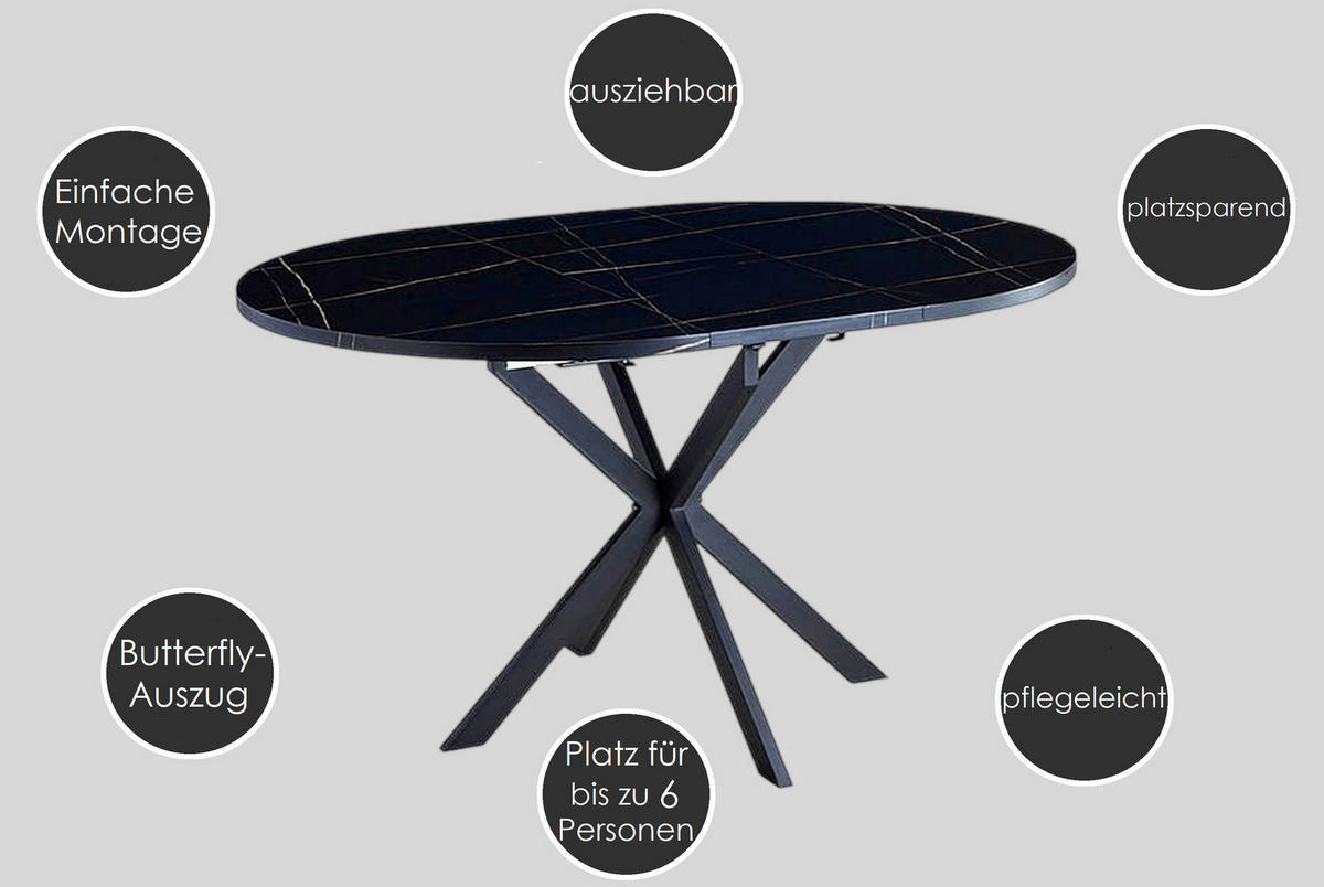 ESSTISCH Rund Marmor Weiß - Schwarz matt 100x75 cm - Schwarz/Weiß, Holzwerkstoff (100/100/75cm) - designimpex