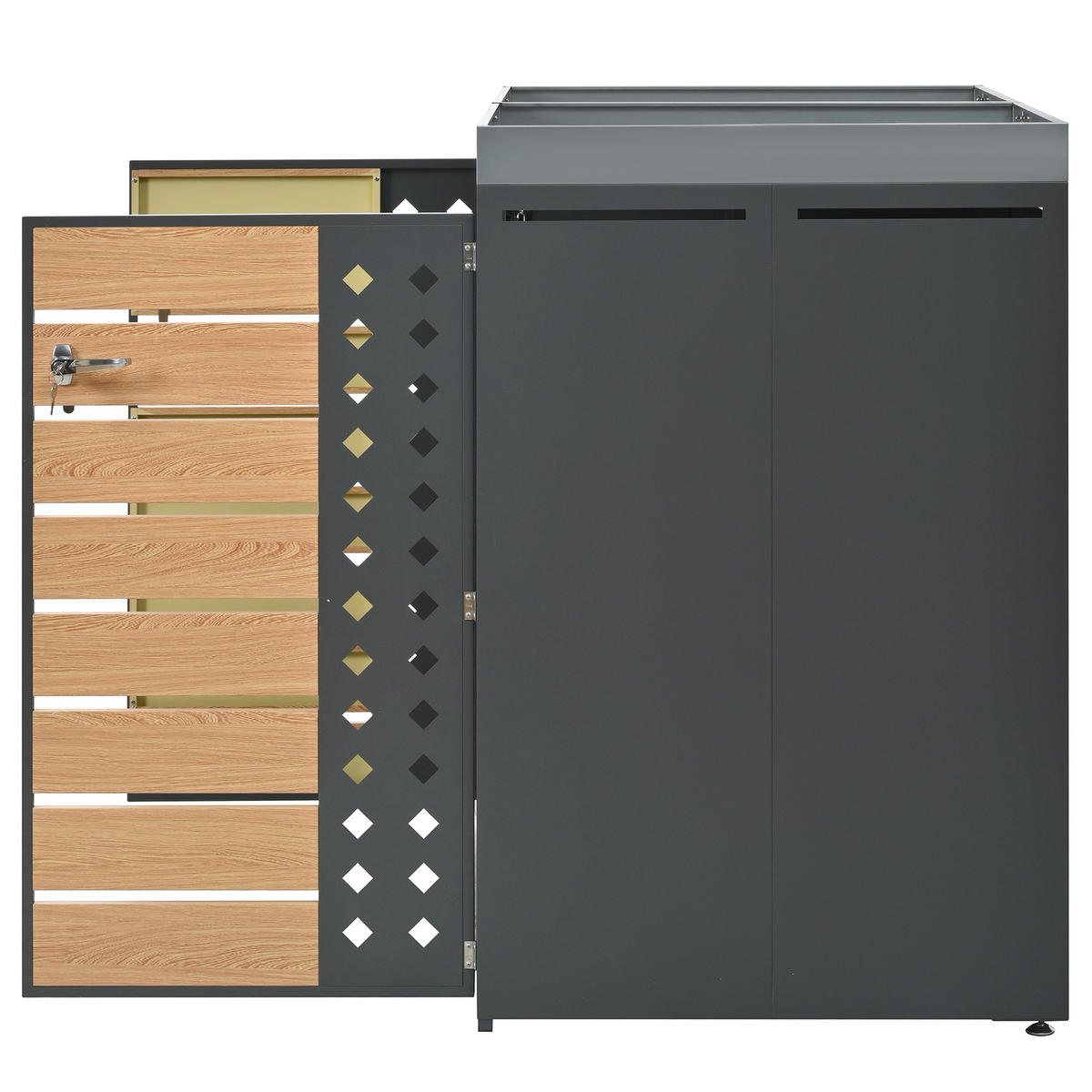 MÜLLTONNENBOX 2 Türen Holzoptik abschließbar Pflanzdach - Multicolor, Metall (80/124.58/132cm) - FLIEKS