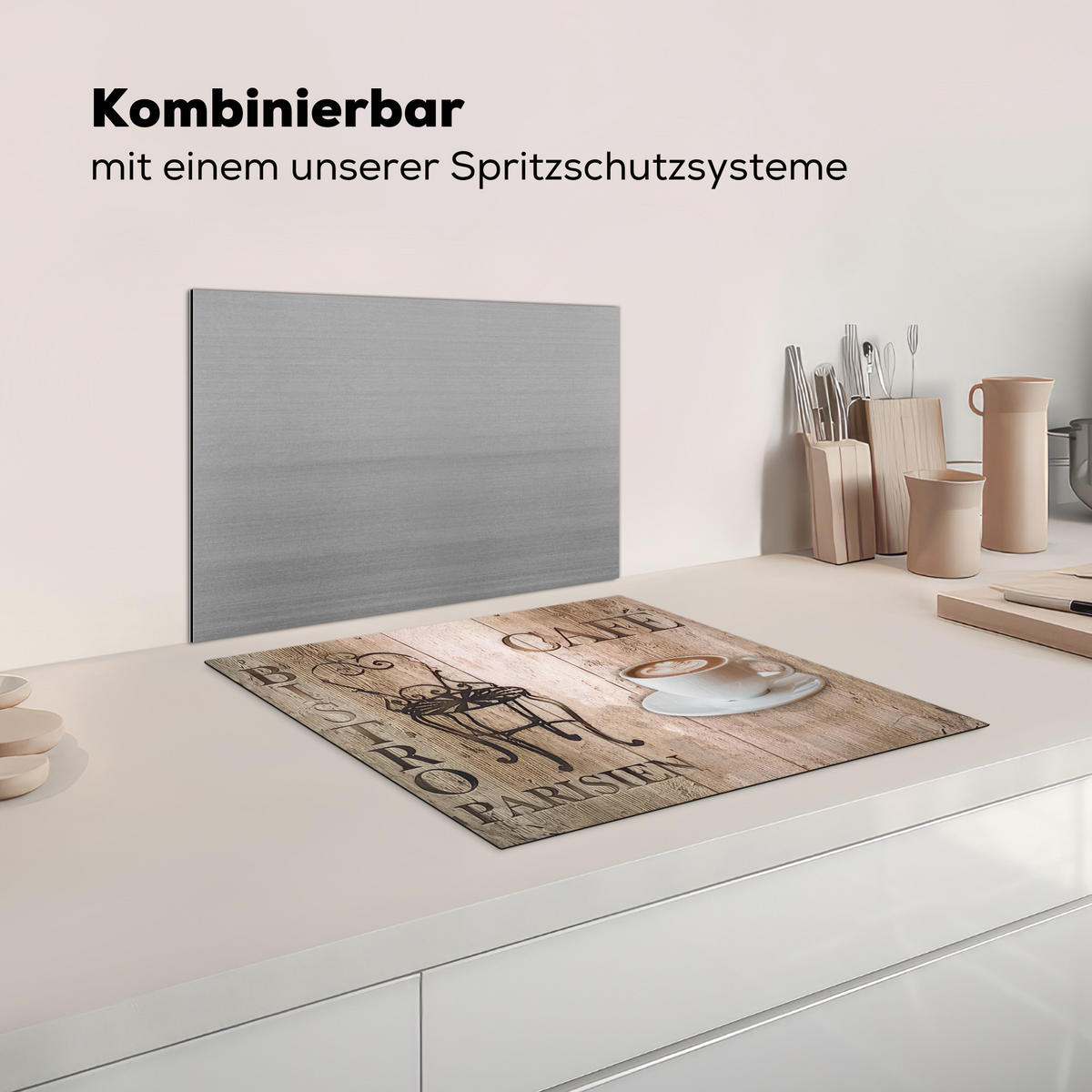 KRYT NA INDUKČNÍ DESKU Bistro Parisien - Kavárna - Káva - Vintage 59x51 cm - kapučínová, plast (59/51/0.2cm) - MuchoWow