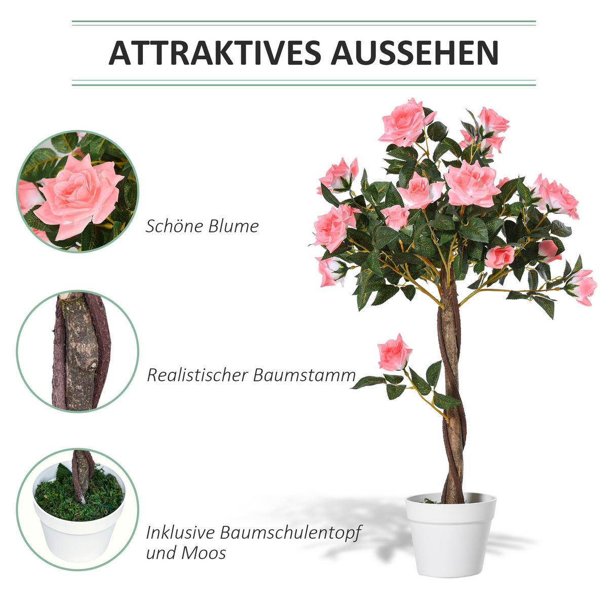 KÜNSTLICHE Rosenpflanzen groß 90 cm Kunstpflanze Rosenbaum für Wohnzimmer - Rosa, Kunststoff (90cm) - Outsunny