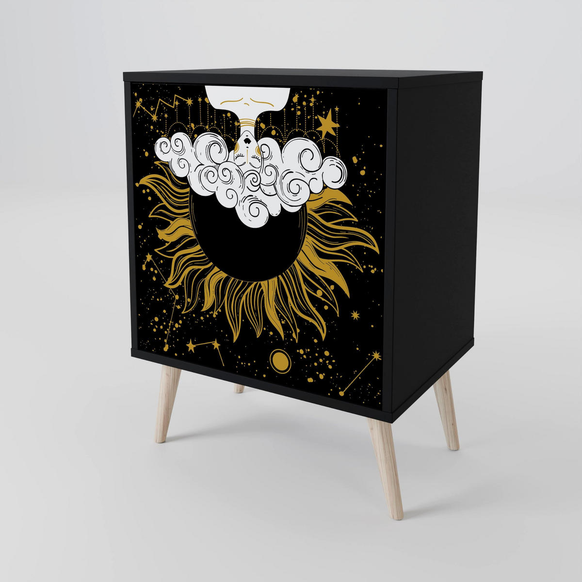 SIDEBOARD STELLAR CONSTELLATIONS, Schwarz, 57,5x42x75,5 cm, Goldfarbene Metallfüße - Goldfarben/Multicolor, Holzwerkstoff/Metall (57.5/75.5/42cm) - SpaceRebels