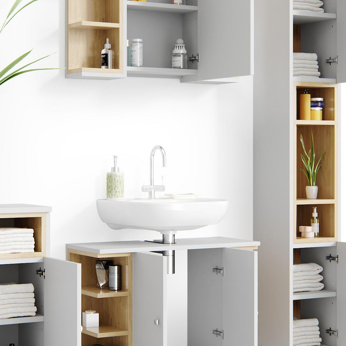 BADMÖBEL-SET Aquis Weiß/Sonoma 4 Teile - Weiß, Holzwerkstoff (79.6/64/32cm) - Vicco