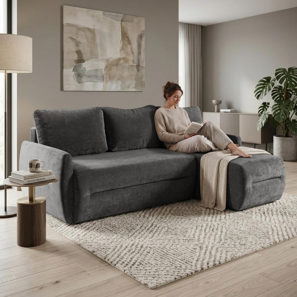 ECKSCHLAFSOFA Camila mit Schlaffunktion und universeller Ottomane, Dunkelgrau - Dunkelgrau, Textil (225/153cm) - Beautysofa
